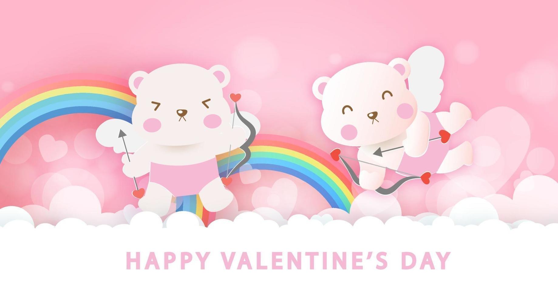 biglietto di auguri di San Valentino con simpatici orsi Cupido e arcobaleni. vettore
