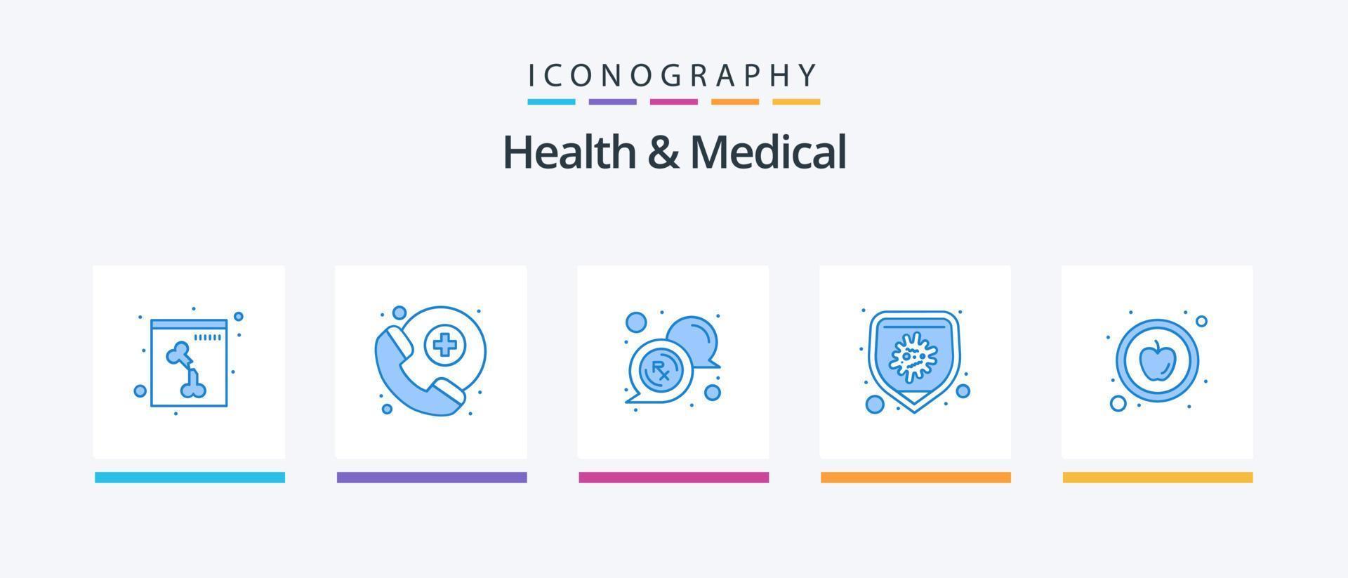 Salute e medico blu 5 icona imballare Compreso . cibo. Messaggio. Mela. patologia. creativo icone design vettore