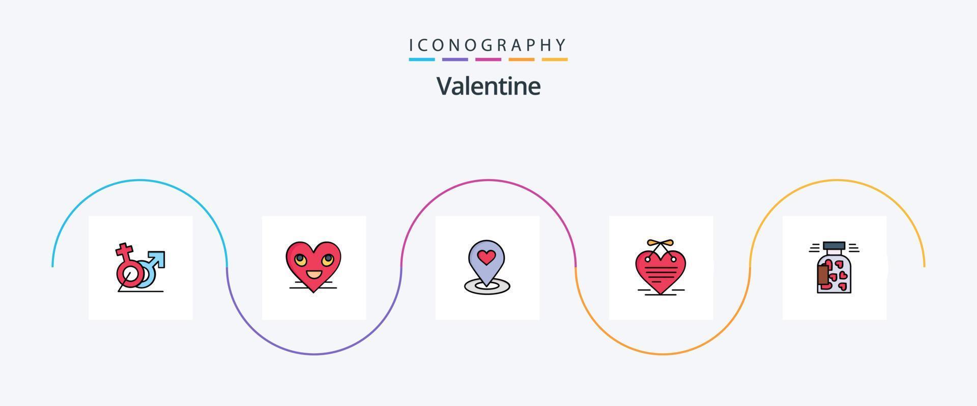 San Valentino linea pieno piatto 5 icona imballare Compreso calendario. cuore. viso. cuore. Posizione mirino vettore