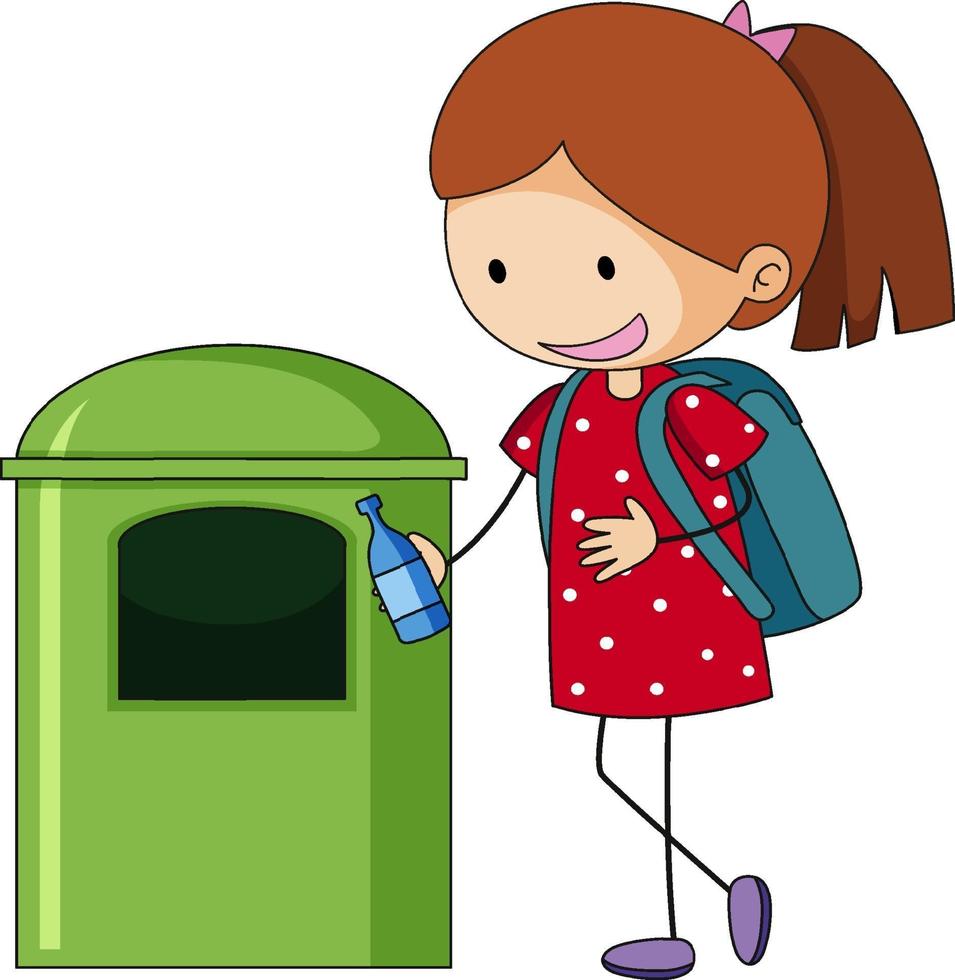 un personaggio dei cartoni animati di spazzatura pulizia ragazza scarabocchio isolato vettore
