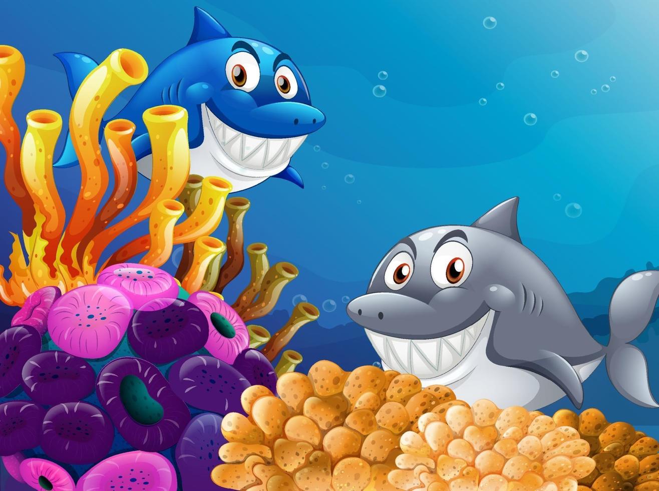 personaggio dei cartoni animati di molti squali sullo sfondo subacqueo vettore