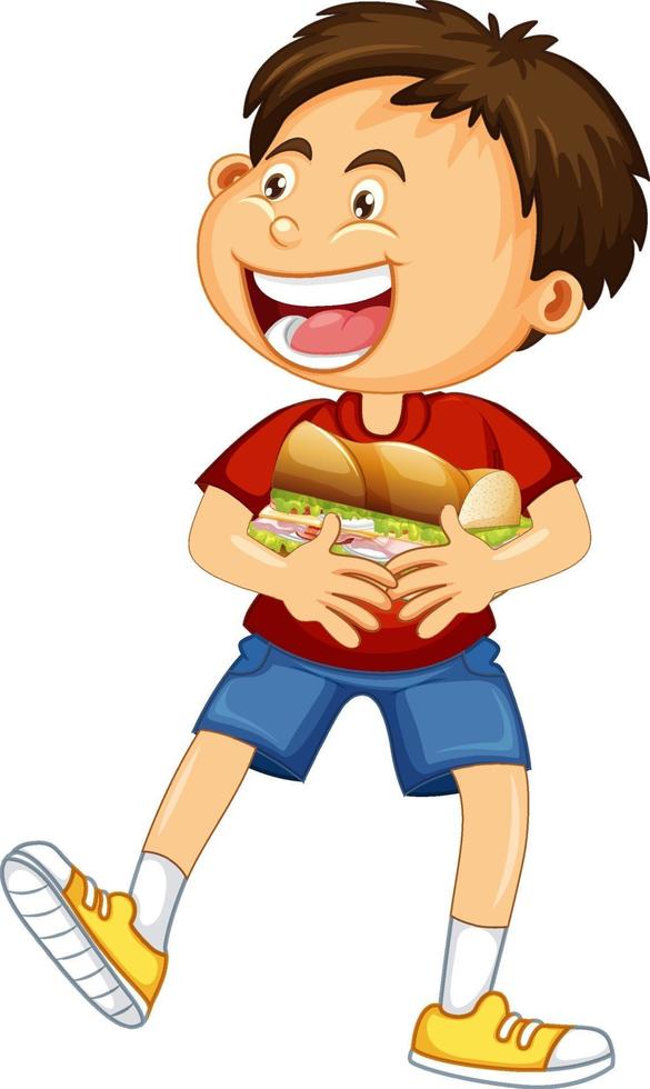 personaggio dei cartoni animati ragazzo felice abbracciando panino cibo vettore