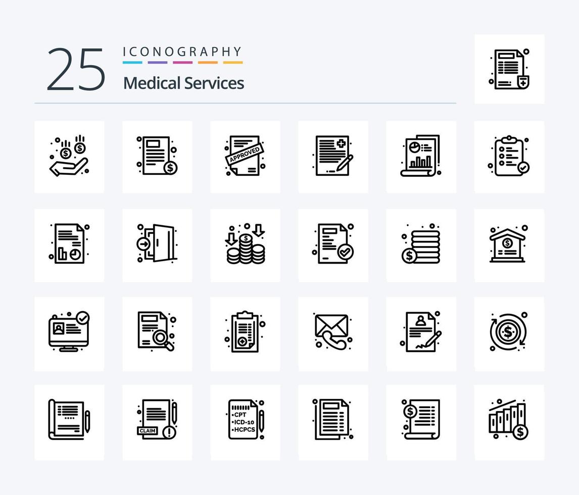 medico Servizi 25 linea icona imballare Compreso grafico. medico. applicazione. storia. file vettore