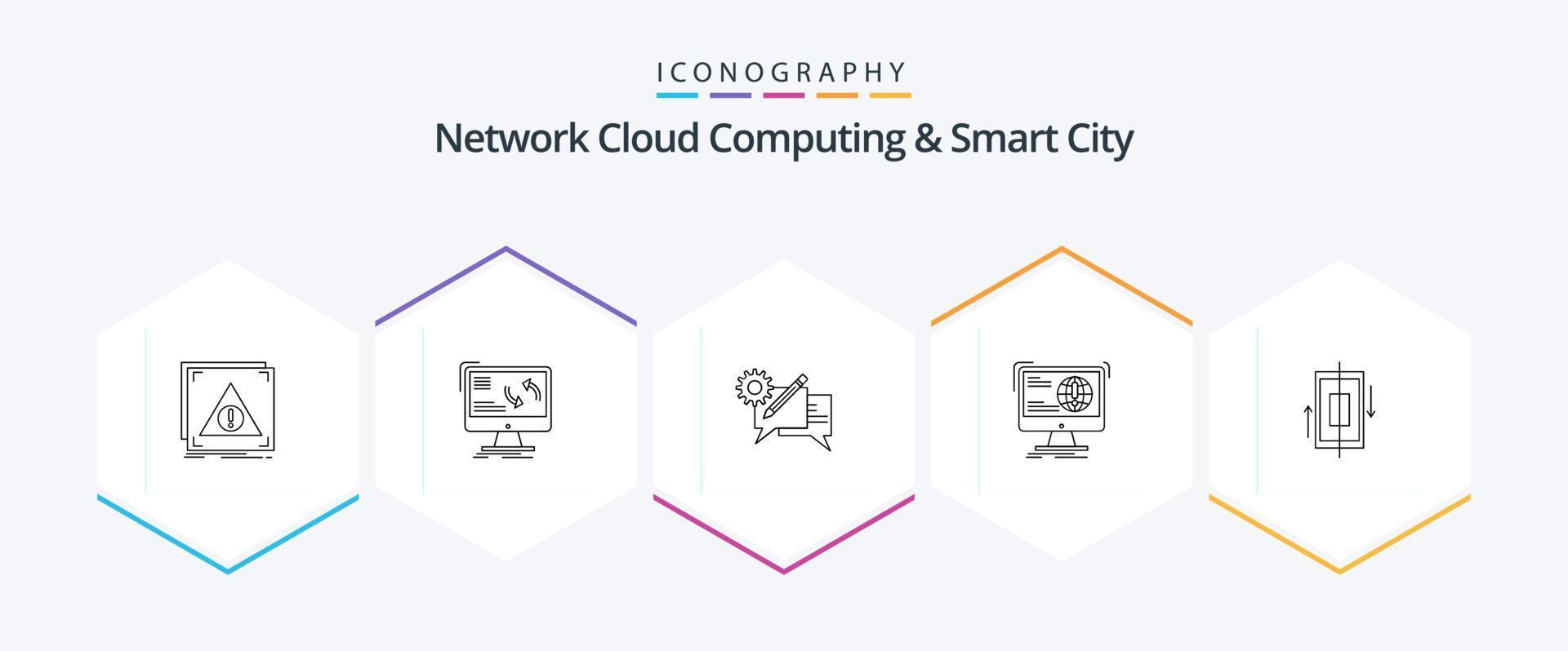 Rete nube calcolo e inteligente città 25 linea icona imballare Compreso contenuto. Messaggio. dati. ambientazione. comunicazione vettore