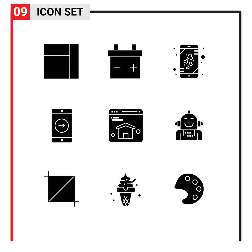 pittogramma impostato di 9 semplice solido glifi di emotivo artificiale giusto androide homepage modificabile vettore design elementi
