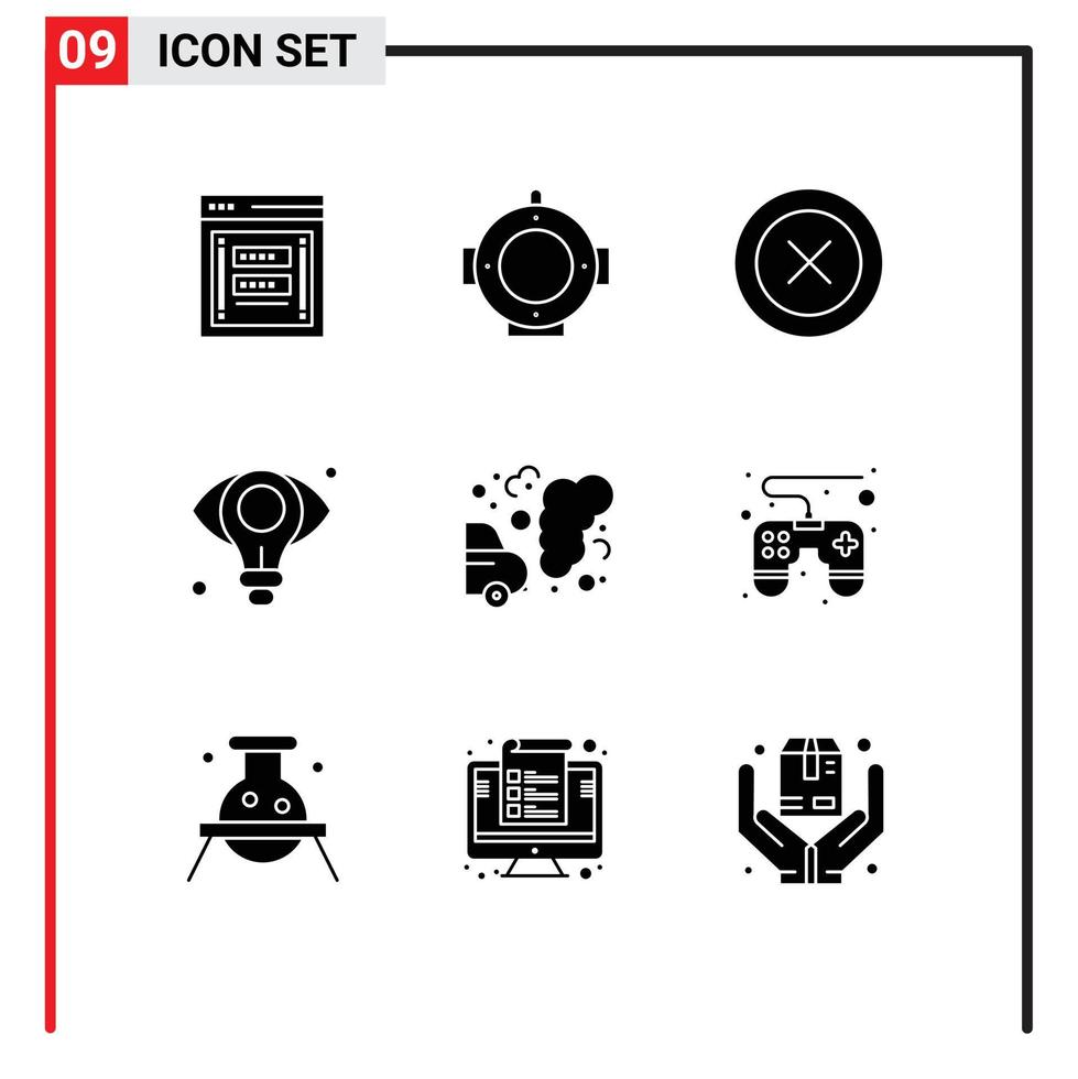 moderno impostato di 9 solido glifi pittogramma di ambiente idea disposizione lampadina attività commerciale modificabile vettore design elementi