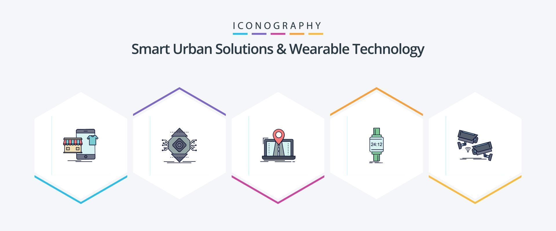 inteligente urbano soluzioni e indossabile tecnologia 25 riga piena icona imballare Compreso guarda. inteligente guarda. computer. percorso. sistema vettore