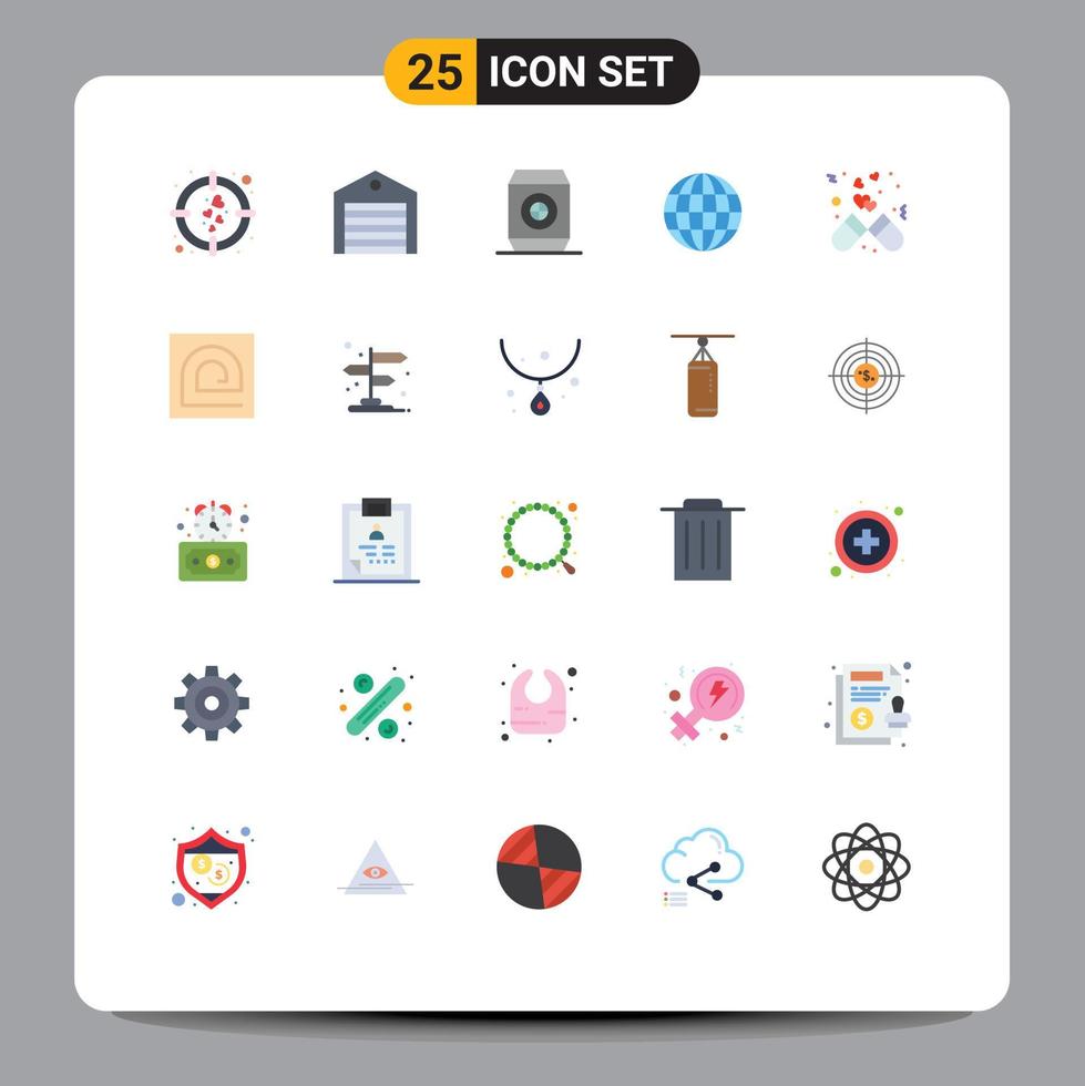 universale icona simboli gruppo di 25 moderno piatto colori di cuore capsula spedizione ragnatela globo modificabile vettore design elementi