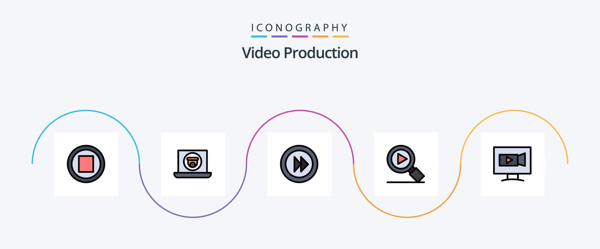 video produzione linea pieno piatto 5 icona imballare Compreso telecamera. schermo. media. tenere sotto controllo. ricerca vettore