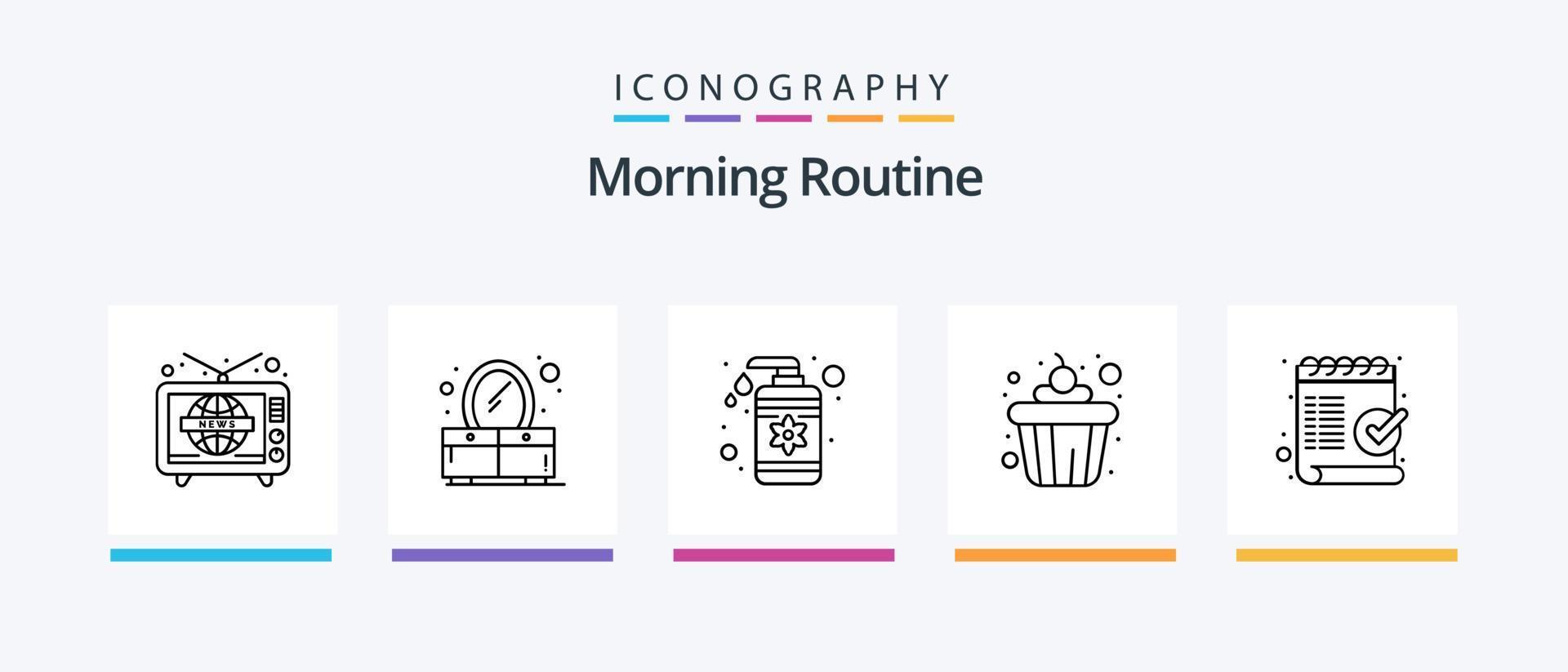 mattina routine linea 5 icona imballare Compreso avena. cereali. punti. ciotola. Stirare In piedi. creativo icone design vettore