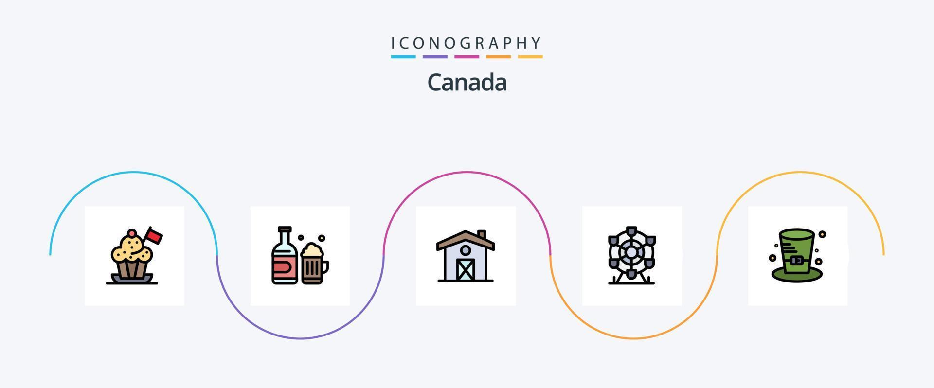 Canada linea pieno piatto 5 icona imballare Compreso detective. Canada. Canada. ruota. Ferris vettore