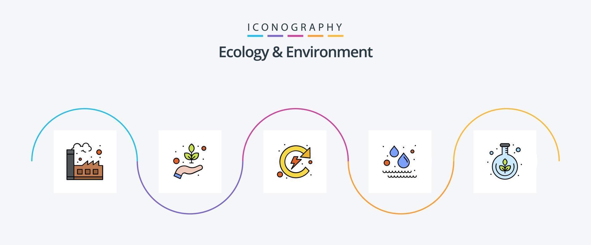 ecologia e ambiente linea pieno piatto 5 icona imballare Compreso laboratorio. acqua. naturale. pioggia. liquido vettore