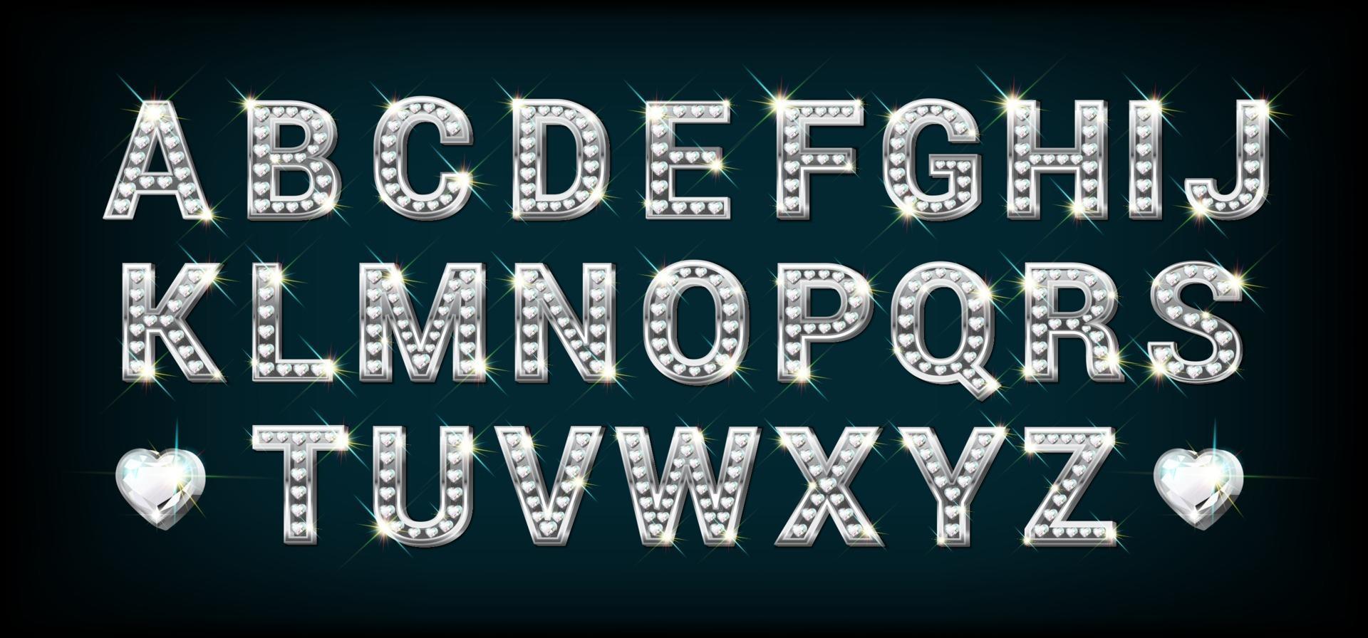 alfabeto in argento con diamanti a forma di cuore. lettere dalla a alla z in illustrazione vettoriale stile realistico.