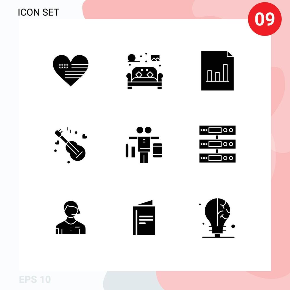 9 solido glifo concetto per siti web mobile e applicazioni vita amore divano musica chitarra modificabile vettore design elementi