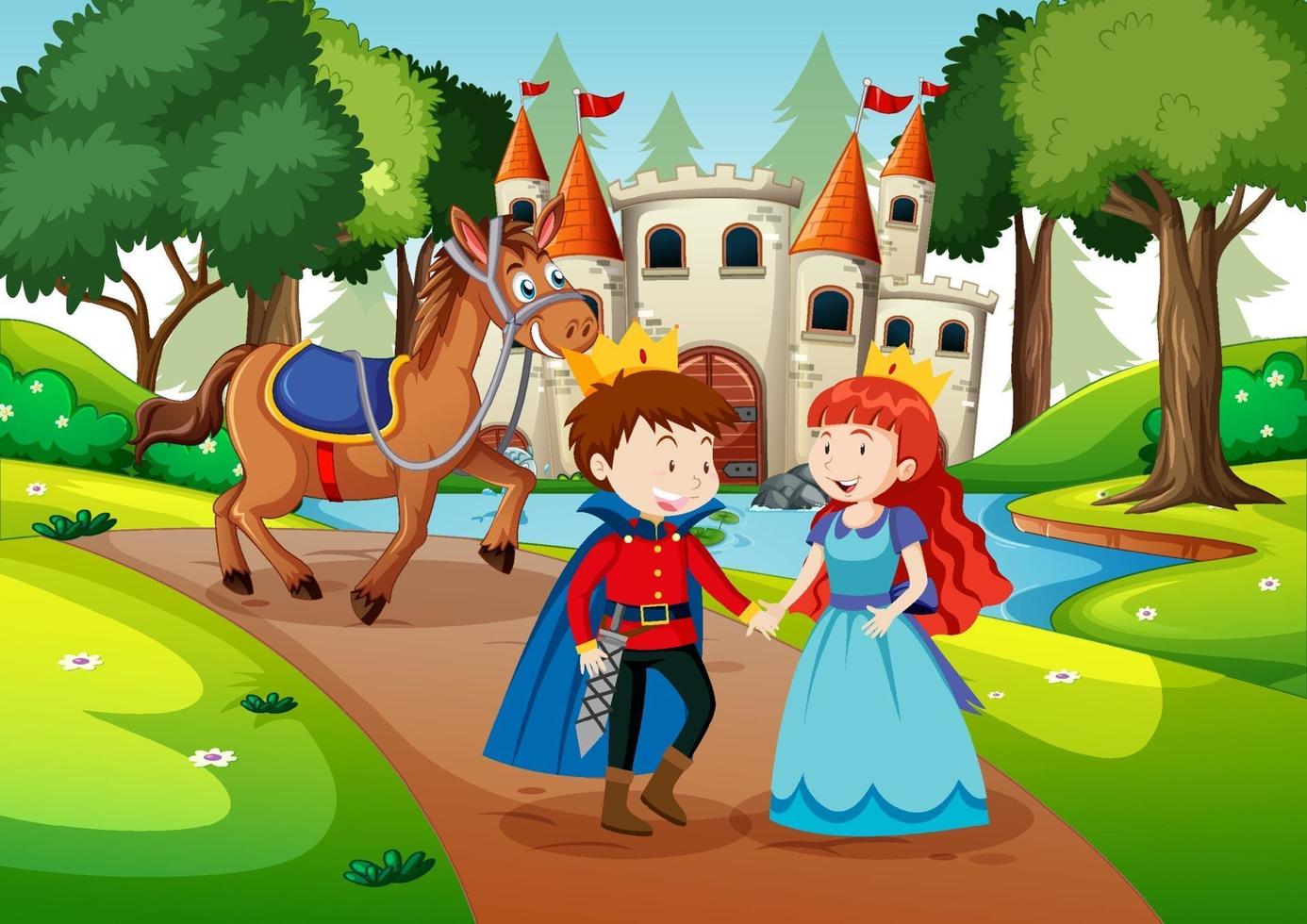 scena con principe e principessa al castello vettore