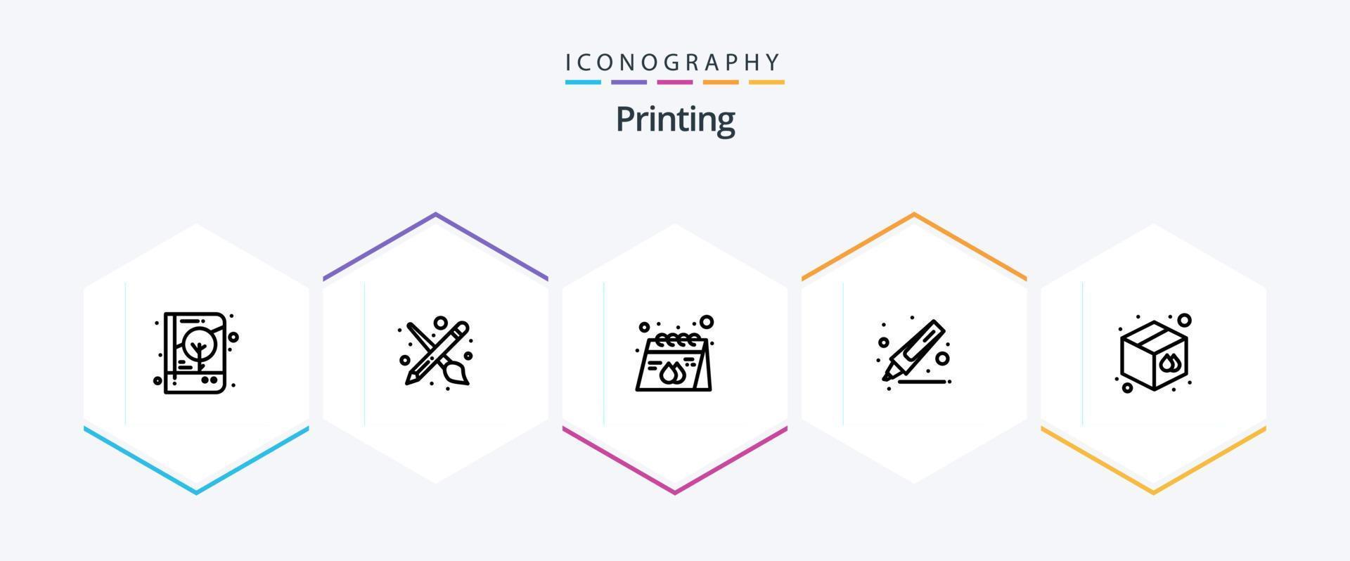 stampa 25 linea icona imballare Compreso scatola. evidenziatore. matita. disegno. Stampa vettore