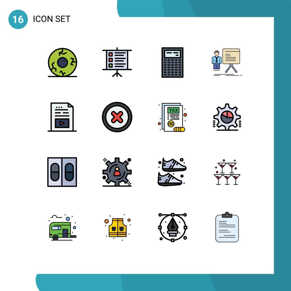 mobile interfaccia piatto colore pieno linea impostato di 16 pittogrammi di file progresso calcolatrice grafico uomo d'affari modificabile creativo vettore design elementi