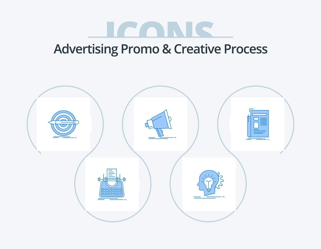 pubblicità promo e creativo processi blu icona imballare 5 icona design. marketing. megafono. idea. obbiettivo. matita vettore