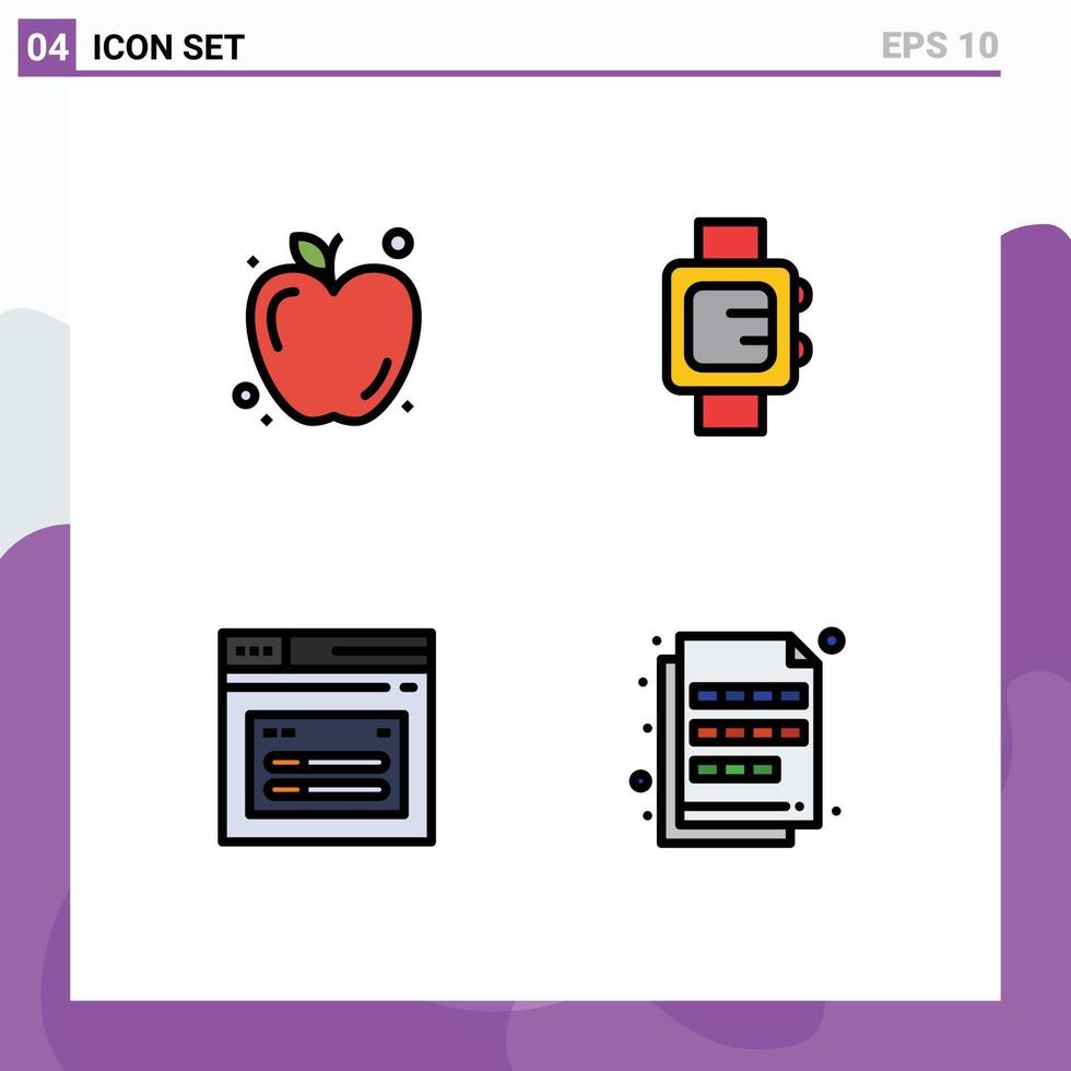 mobile interfaccia riga piena piatto colore impostato di 4 pittogrammi di Mela sito web mano orologio Internet estensione modificabile vettore design elementi
