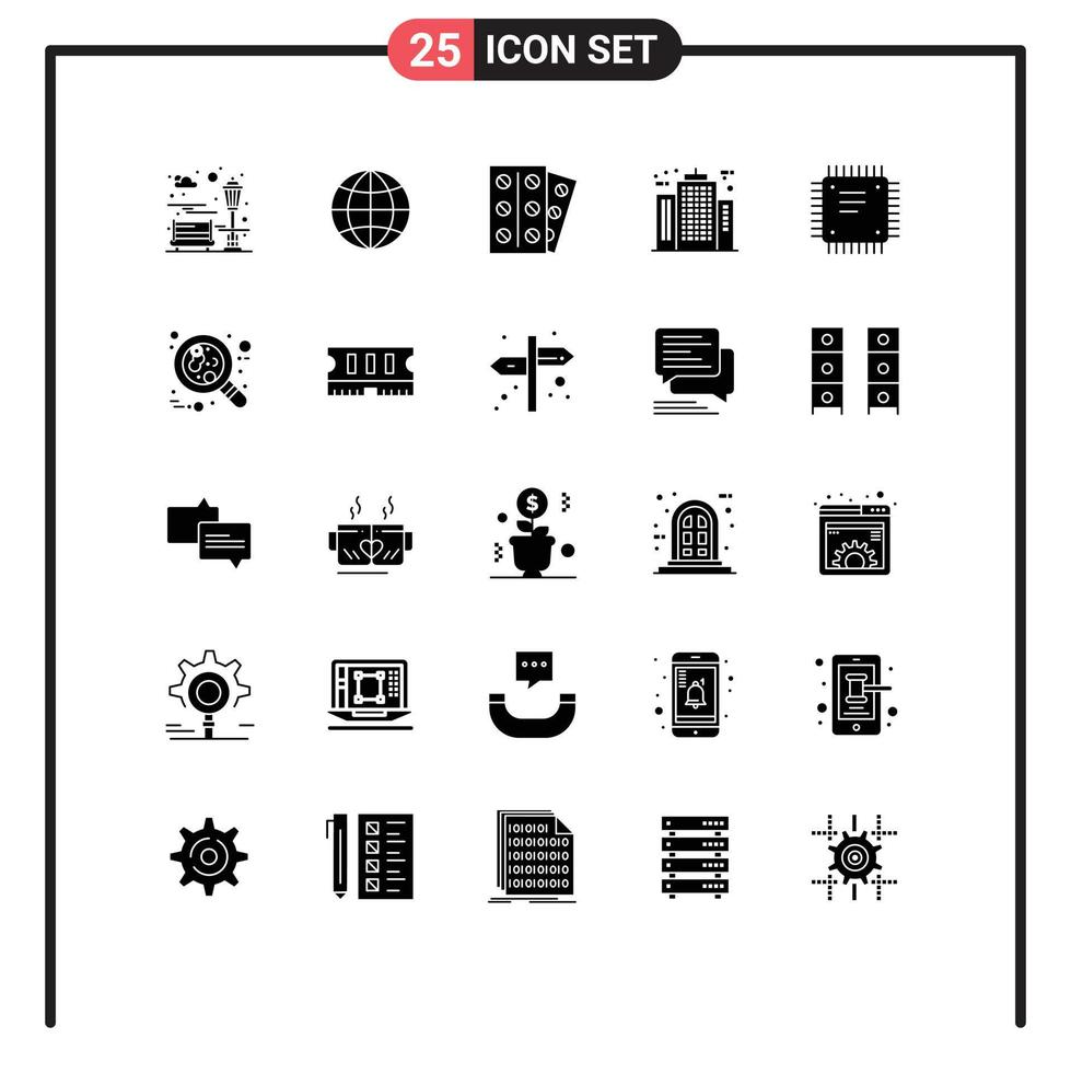 mobile interfaccia solido glifo impostato di 25 pittogrammi di circuito tavola costruzione medicina azienda architettura modificabile vettore design elementi