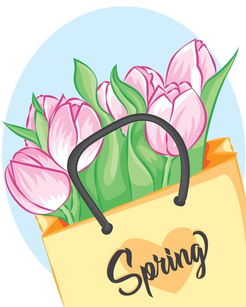 bouquet di tulipani rosa avvolti in carta artigianale sul tavolo bianco. tulipani rosa in un sacchetto di carta. sfondo per banner biglietto di auguri di matrimonio, carta festa della mamma, festa della donna, compleanno e altre festività. vettore