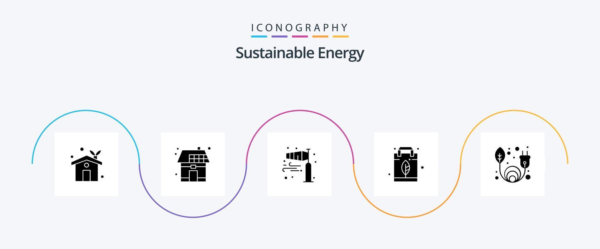 sostenibile energia glifo 5 icona imballare Compreso Borsa. foglia. solare. energia. polo vento vettore