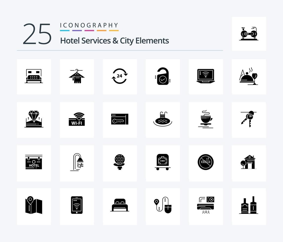 Hotel Servizi e città elementi 25 solido glifo icona imballare Compreso cartello. saldi. concierge. etichetta . servizio vettore
