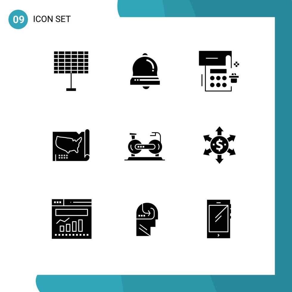 moderno impostato di 9 solido glifi e simboli come come esercizio bicicletta Data Stati Uniti d'America stati modificabile vettore design elementi