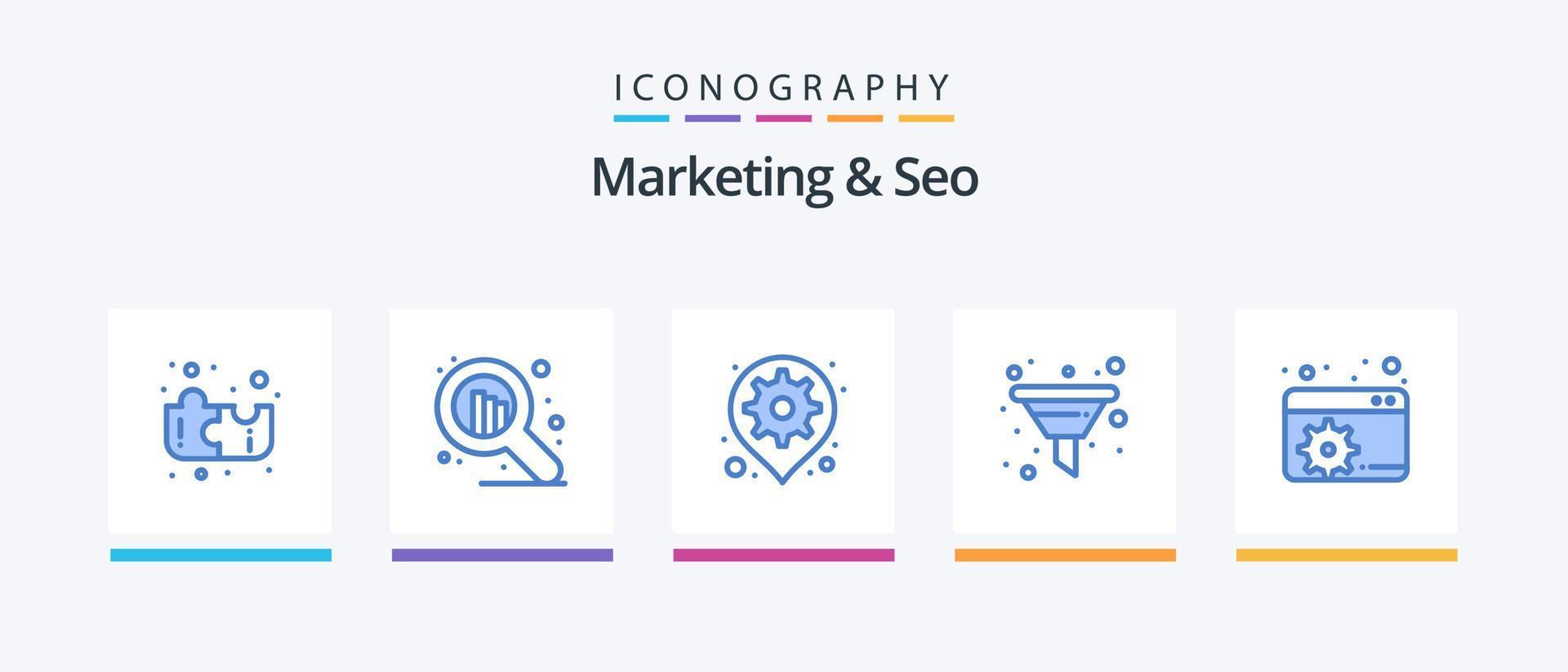 marketing e SEO blu 5 icona imballare Compreso seo. configurare. carta geografica. seo. imbuto. creativo icone design vettore