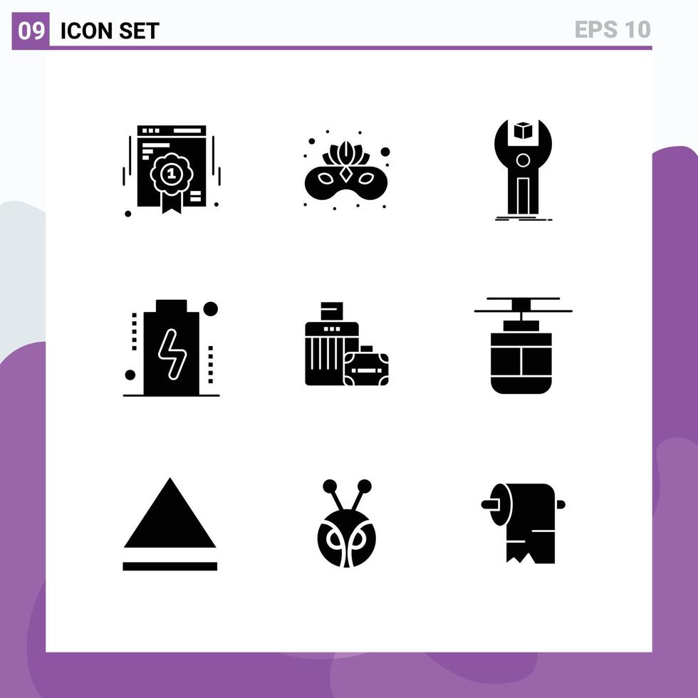 mobile interfaccia solido glifo impostato di 9 pittogrammi di bagaglio dispositivi sdk caricare programmazione modificabile vettore design elementi