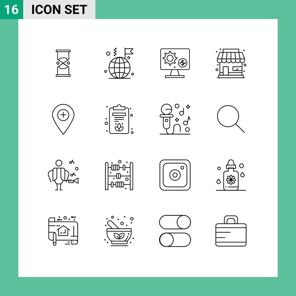 16 creativo icone moderno segni e simboli di memorizzare edificio bandiera i soldi ambientazione modificabile vettore design elementi