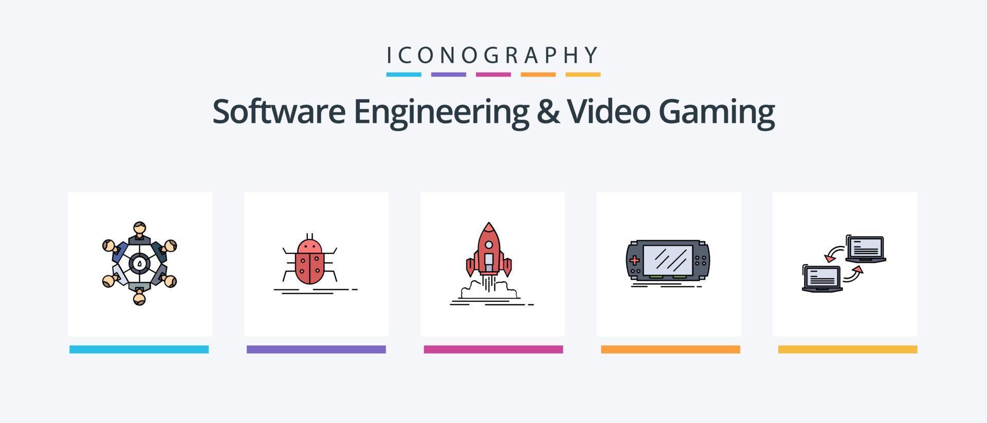Software ingegneria e video gioco linea pieno 5 icona imballare Compreso contenuto. aggiornare. collegamento. Software. applicazione. creativo icone design vettore