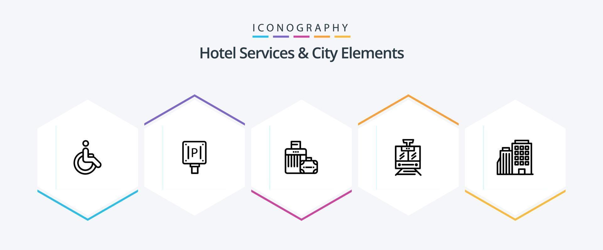 Hotel Servizi e città elementi 25 linea icona imballare Compreso edificio. veicolo. bagaglio. servizio. treno vettore