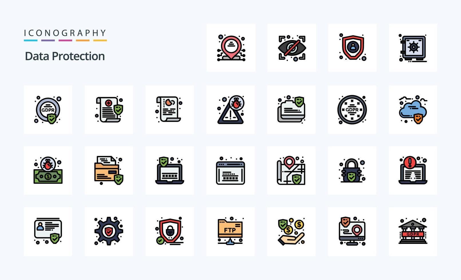 25 dati protezione linea pieno stile icona imballare vettore