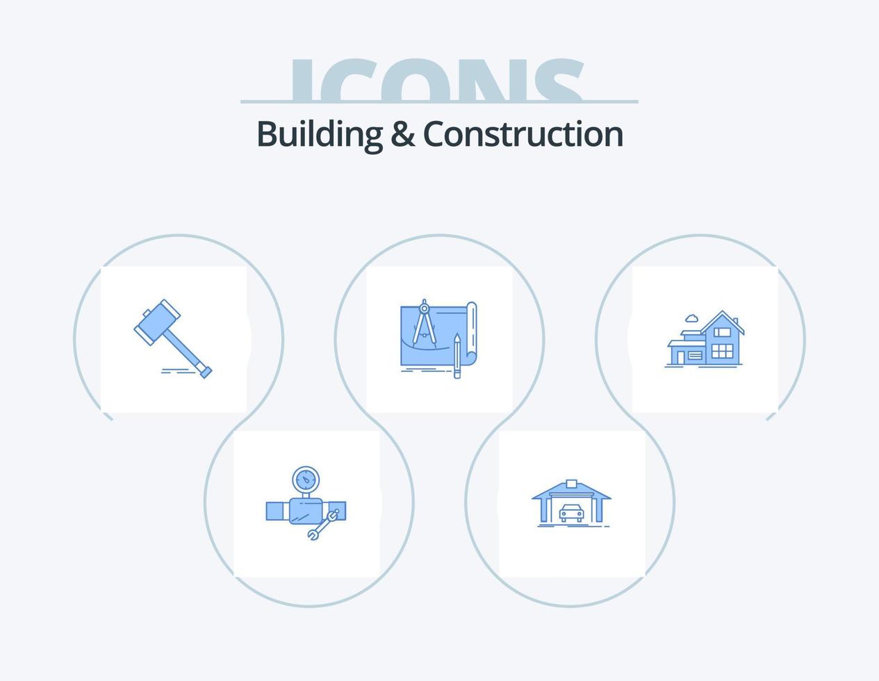 edificio e costruzione blu icona imballare 5 icona design. architettura. legale. costruzione. legge. martelletto vettore