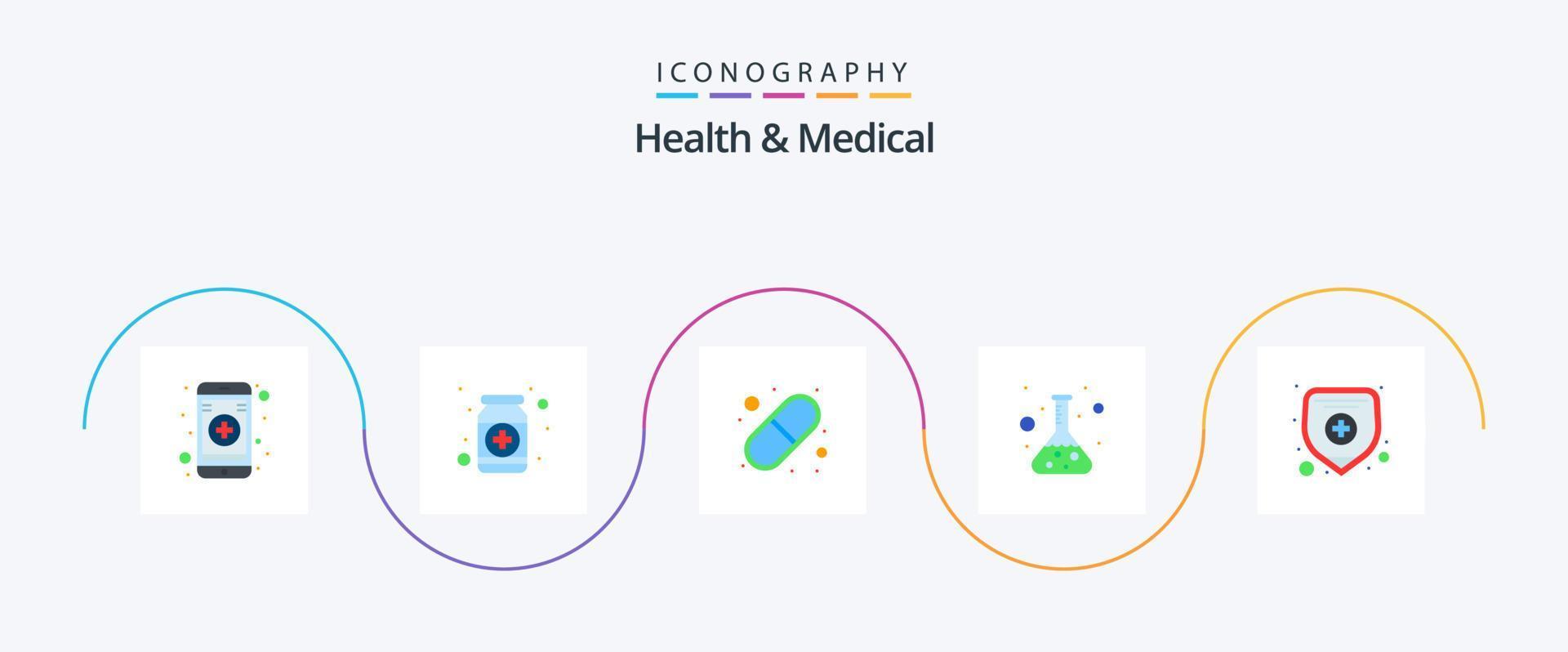 Salute e medico piatto 5 icona imballare Compreso medico assicurazione. test. capsula. scienza. borraccia vettore