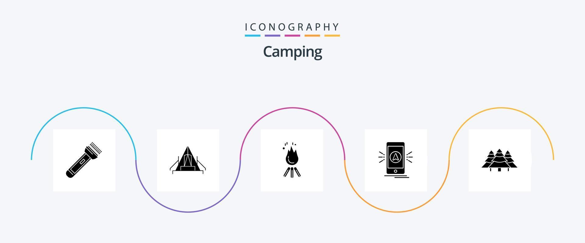 campeggio glifo 5 icona imballare Compreso navigazione. campo. campeggio. campeggio. fiamma vettore