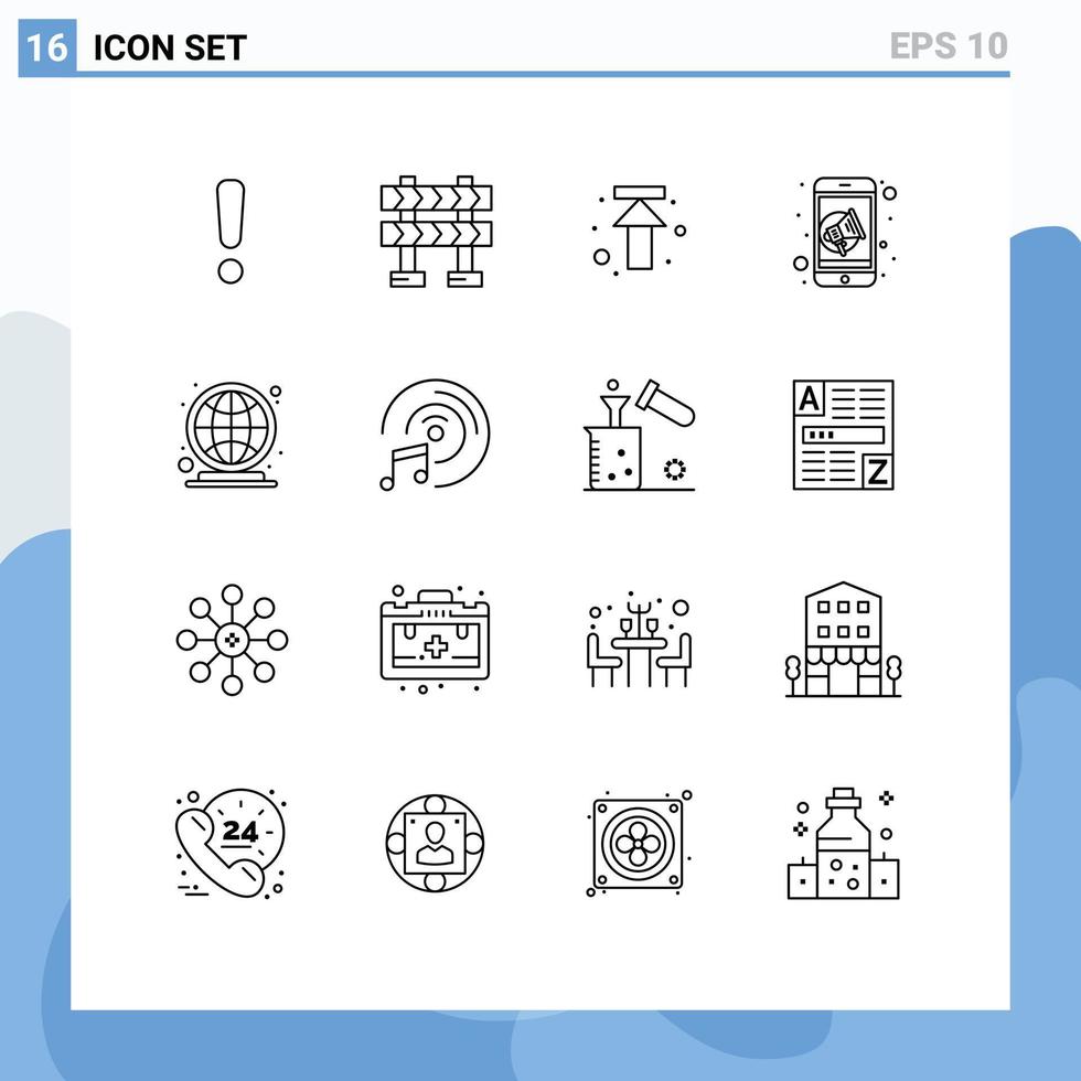 mobile interfaccia schema impostato di 16 pittogrammi di In tutto il mondo terra frecce altoparlante marketing modificabile vettore design elementi