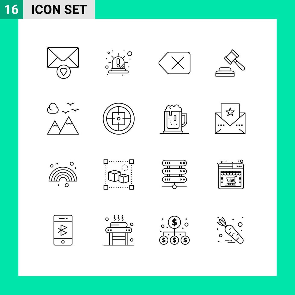 mobile interfaccia schema impostato di 16 pittogrammi di viaggio natura backspace montagne giudice modificabile vettore design elementi