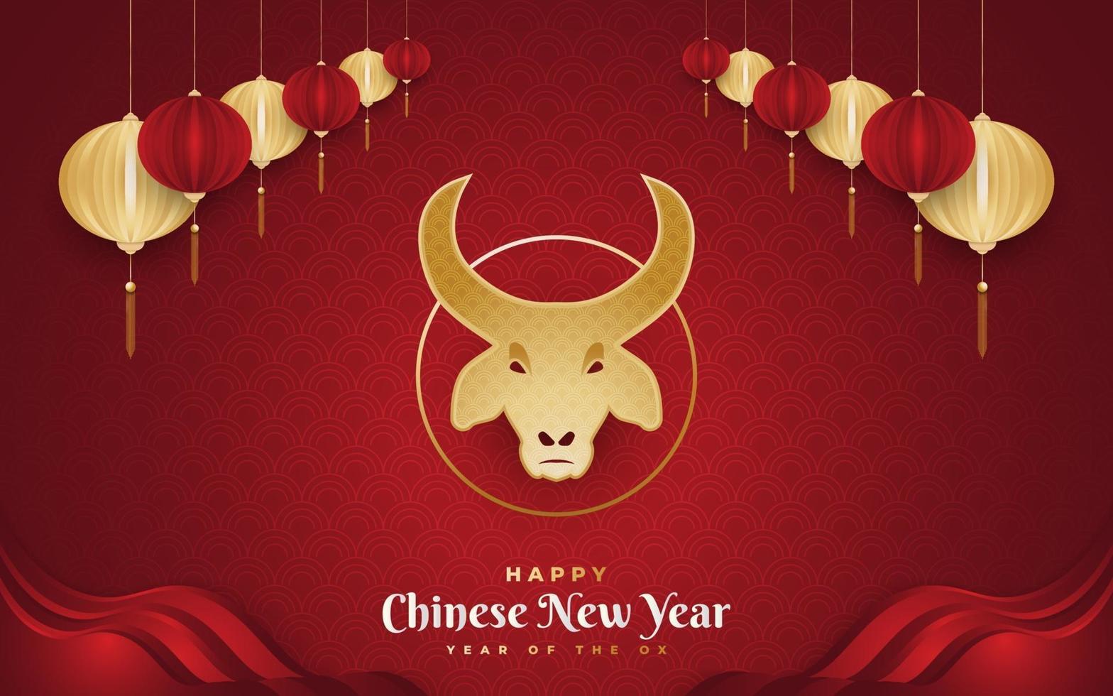 felice anno nuovo cinese 2021 anno del bue. banner di capodanno cinese decorato con testa di bue dorato e lanterne dorate su sfondo di carta rossa vettore