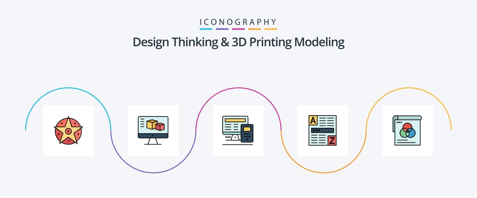 design pensiero e d stampa modellismo linea pieno piatto 5 icona imballare Compreso manifesto. Internet. computer. codice. del browser vettore