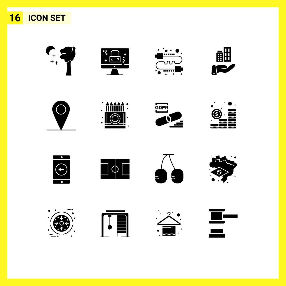 16 universale solido glifo segni simboli di carta geografica sostenibile comunicazione moderno architettura modificabile vettore design elementi