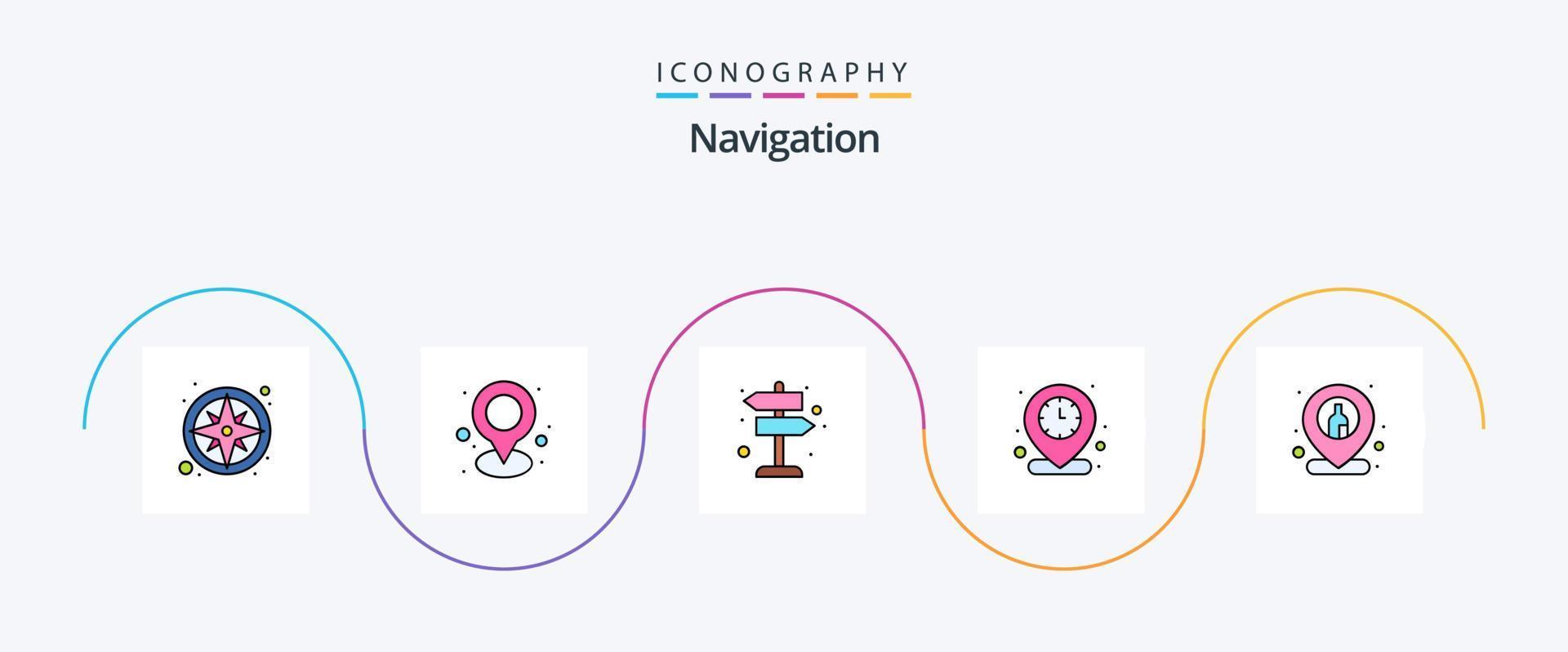 navigazione linea pieno piatto 5 icona imballare Compreso Posizione. Posizione spillo. direzione. volta. orologio vettore