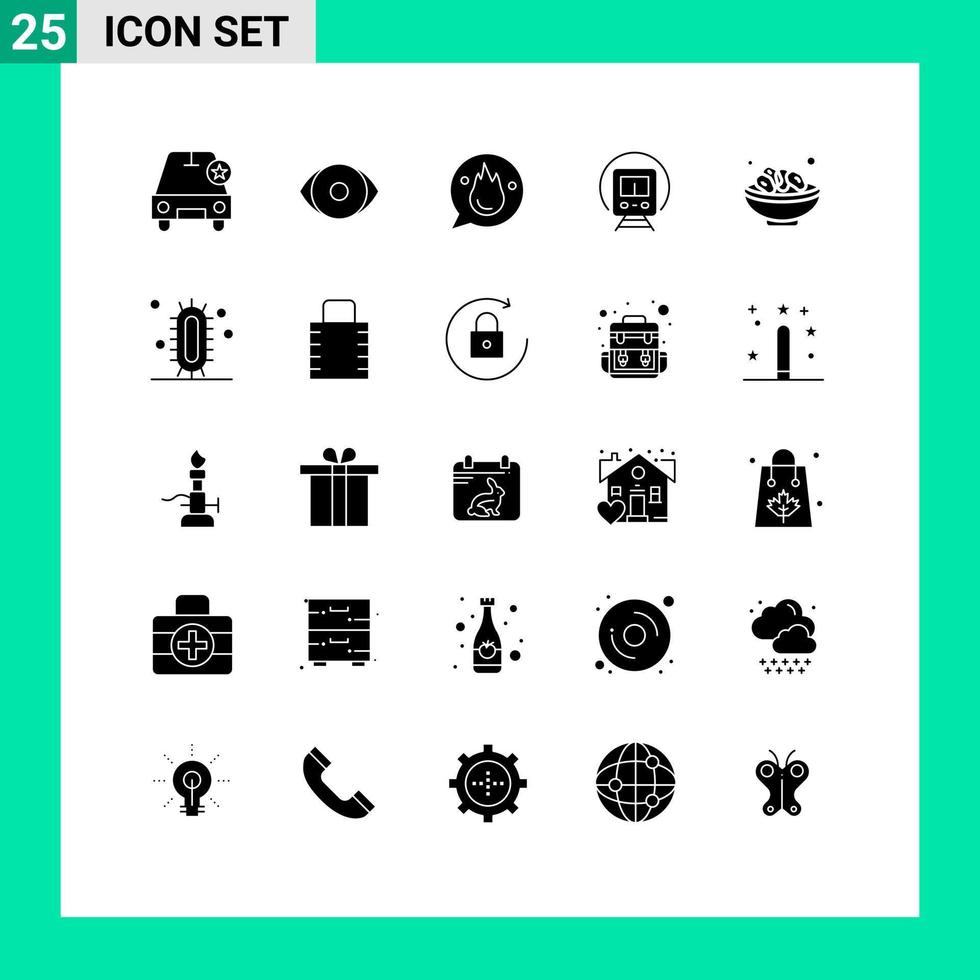 25 utente interfaccia solido glifo imballare di moderno segni e simboli di ciotola tranvia Chiacchierare treno formazione modificabile vettore design elementi