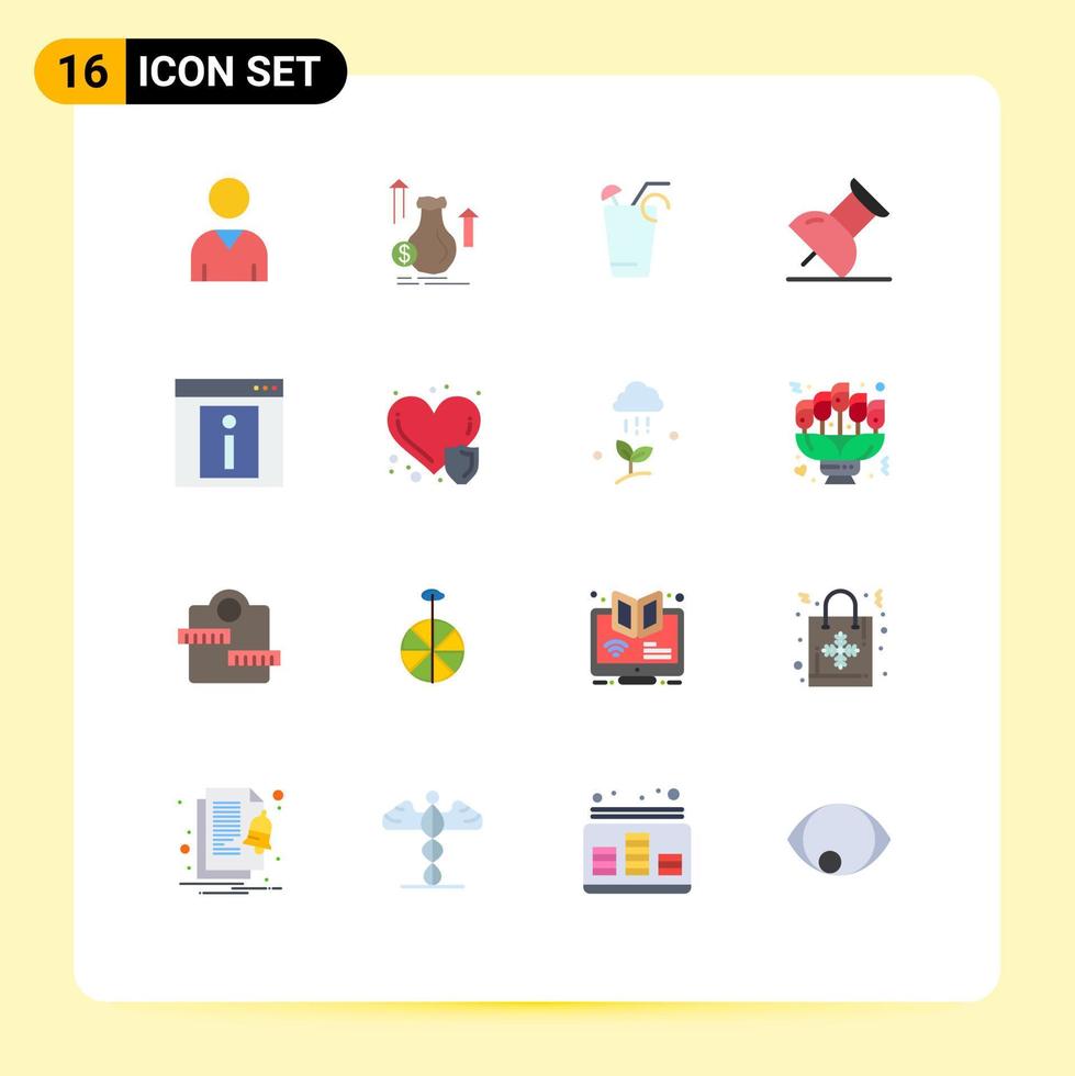 mobile interfaccia piatto colore impostato di 16 pittogrammi di ragnatela Informazioni succo contatto marcatore modificabile imballare di creativo vettore design elementi
