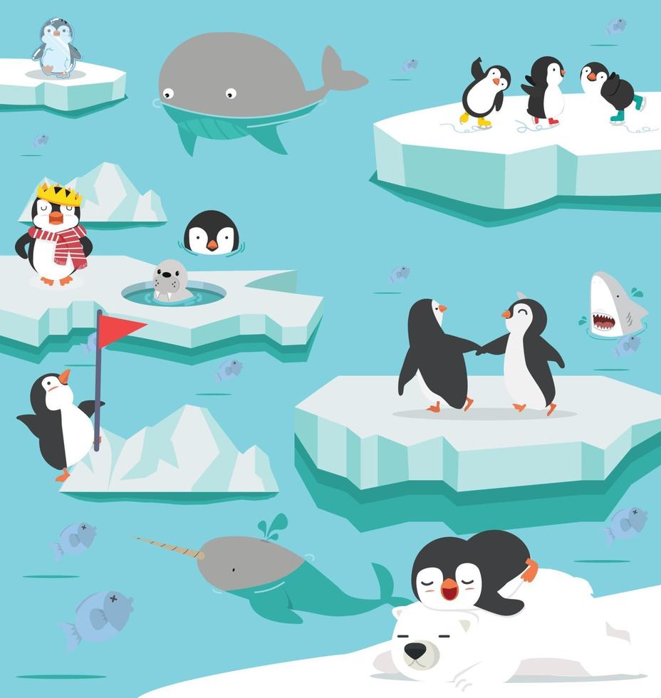 cartone animato paesaggio di animali artici invernali del polo nord vettore