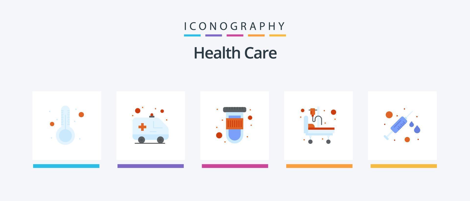 Salute cura piatto 5 icona imballare Compreso syring. sangue. paziente letto. ospedale letto. creativo icone design vettore