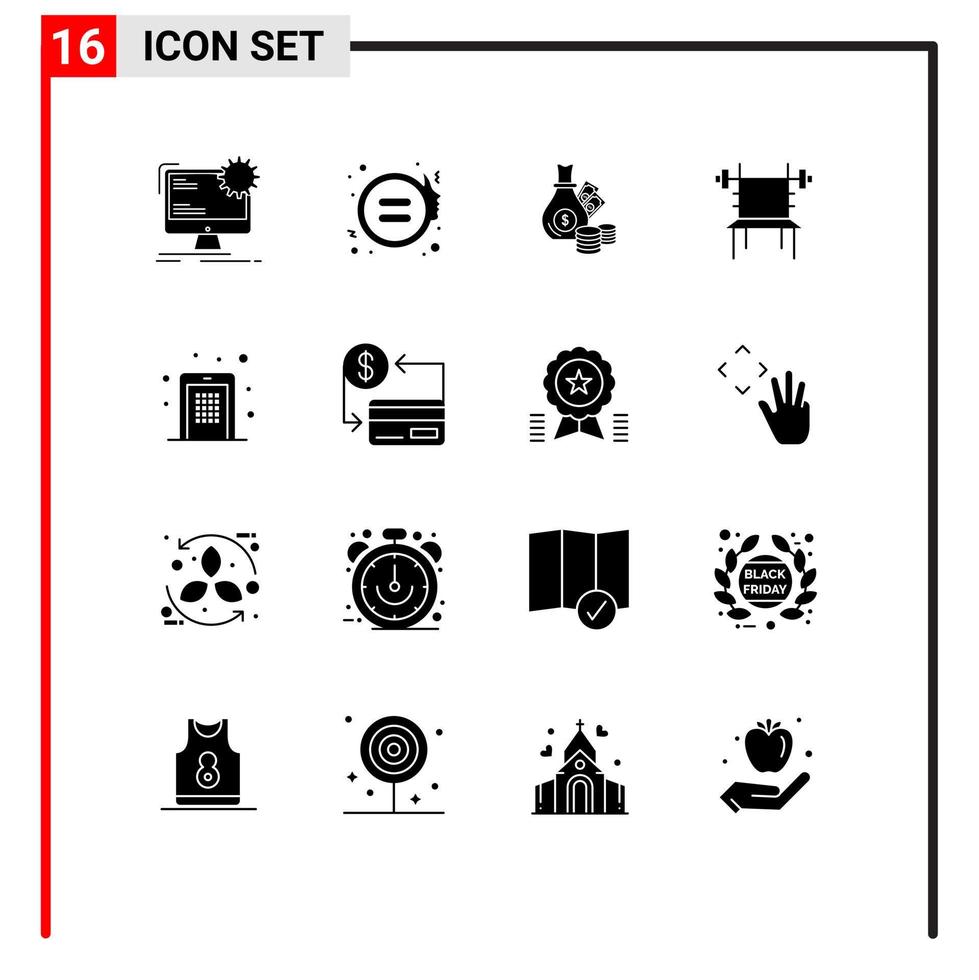 16 universale solido glifo segni simboli di Palestra manubrio giustizia equilibrio monete modificabile vettore design elementi