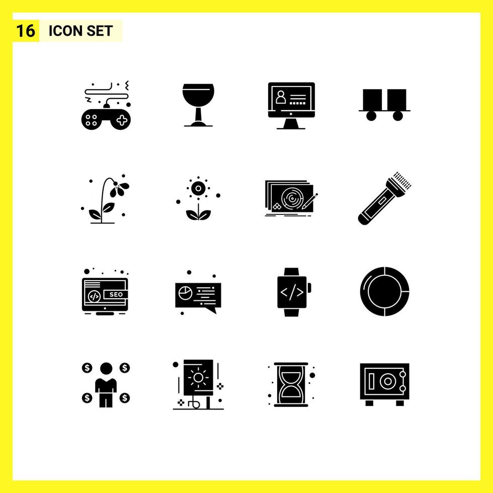 universale icona simboli gruppo di 16 moderno solido glifi di floreale sollevamento camion computer carrello elevatore a forca camion forchetta camion modificabile vettore design elementi