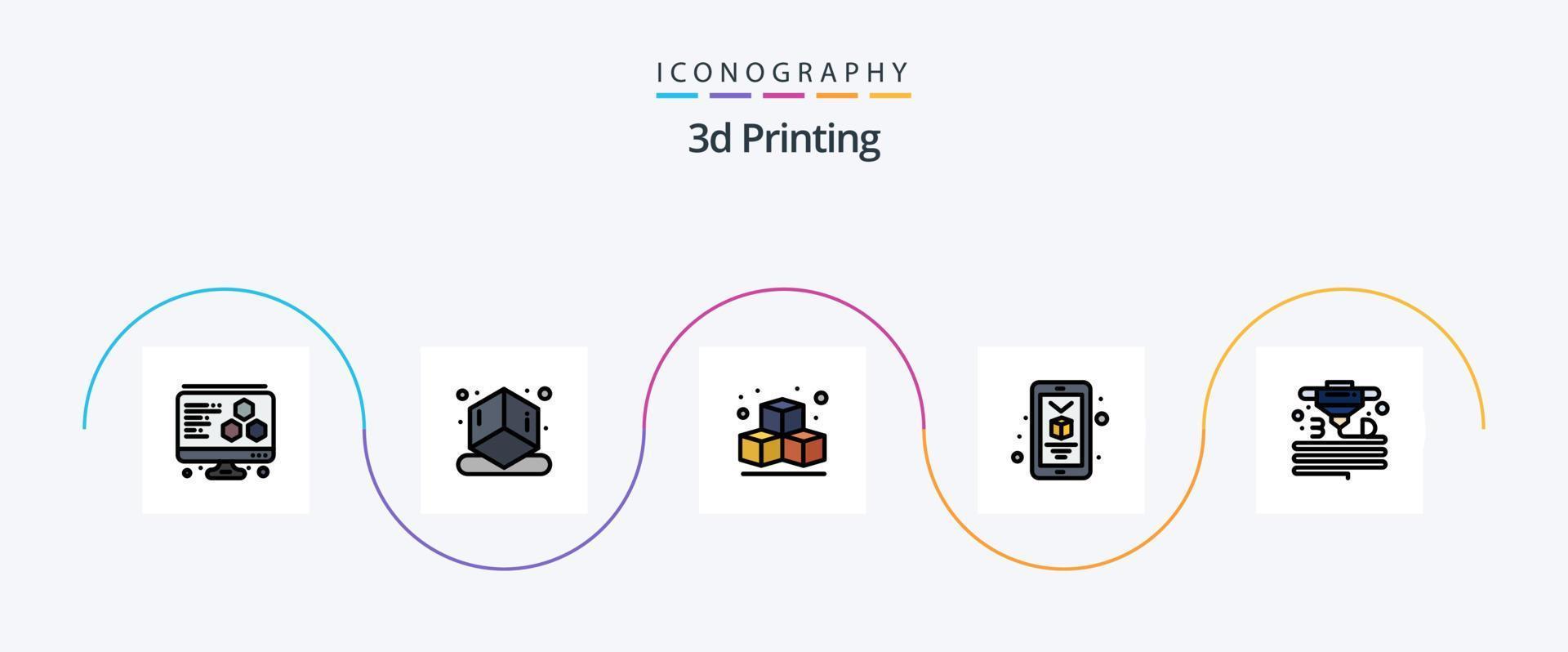 3d stampa linea pieno piatto 5 icona imballare Compreso plastica. gadget. scatola. Stampa 3D vettore